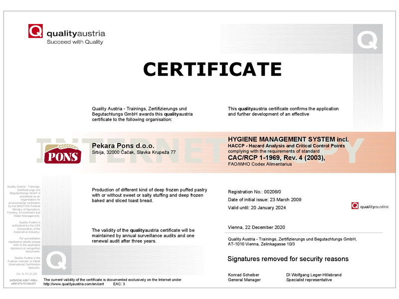 Pekara pons sertifikati